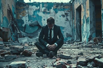 Poster - A man in a suit sitting on the ground. Suitable for business concepts