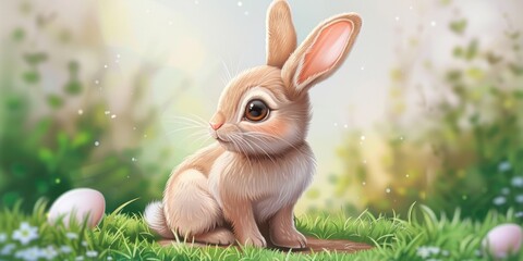 Wall Mural - A cute rabbit sitting peacefully in the grass. Perfect for nature-themed designs