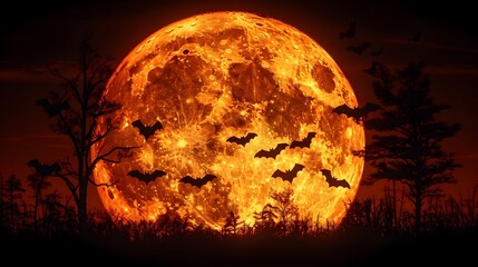 Wall Mural - Halloween Bats Flocking Around the Luminous Full Harvest Moon