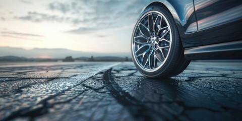 Wall Mural - Detailed close up of a car tire on a road. Great for automotive industry