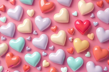 Poster - Various colored hearts on a vibrant pink background. Perfect for Valentine's Day or love-themed designs