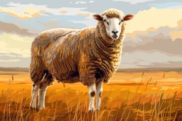 Poster - A realistic painting of a sheep in a peaceful field. Ideal for nature-themed designs