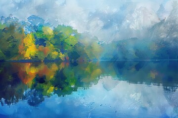 Aufkleber - Serene painting of a lake with trees, suitable for nature themes