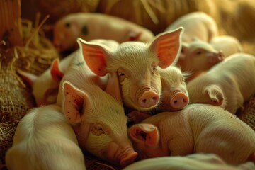 Poster - A group of pigs laying on top of each other. Can be used for farm or animal themed designs