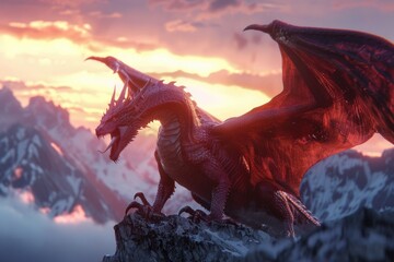 Poster - Majestic red dragon standing proudly on a mountain peak. Perfect for fantasy-themed projects