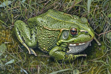 Poster - A frog sitting peacefully in the grass, suitable for nature and wildlife themes