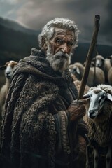 Aufkleber - A man standing with a stick in front of a herd of sheep. Suitable for agricultural and farming concepts