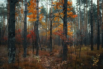 Poster - A picture of a forest filled with tall trees. Suitable for nature and outdoor-themed projects