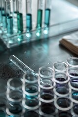 Poster - A collection of test tubes on a table. Suitable for science and laboratory concepts