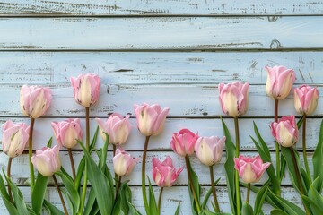 Poster - Beautiful pink and white tulips against a vibrant blue wall. Perfect for spring-themed designs