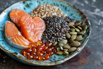 Aufkleber - A plate of fish, seeds, and nuts. Suitable for food and nutrition concept