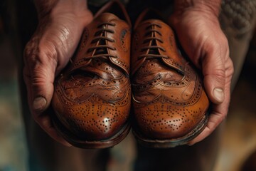 Poster - Close-up of a person holding a pair of shoes. Suitable for fashion and footwear concepts