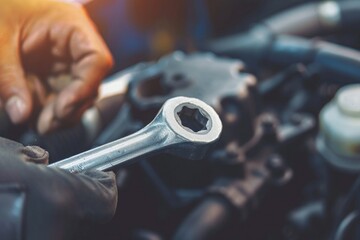 Mechanic at work in auto repair shop, fixing car engine