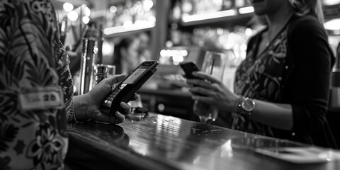 Poster - A woman using her cell phone at a bar, suitable for technology and social media concepts