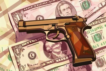 Canvas Print - A gun resting on a stack of cash. Perfect for finance and crime concepts