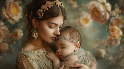 A mother's love is illustrated in this enchanting image that captures the essence of a mother's unwavering love and devotion.