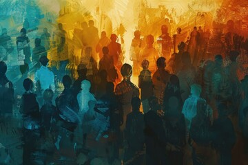 Poster - A painting of a group of people standing together. Suitable for team building concepts