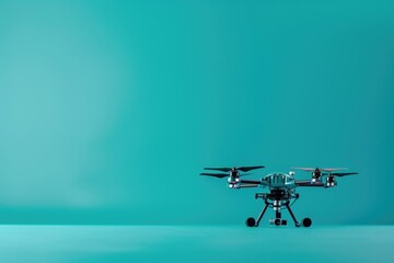 Wall Mural - A modern drone in black and white colors on a vibrant blue background. Perfect for technology and innovation concepts