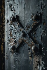 Poster - Detailed image of a metal cross on a door, suitable for religious themes or architectural design