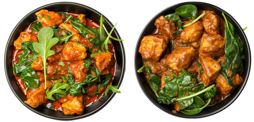 Chicken tikka masala with spinach in a black bowl isolated on a transparent background	
