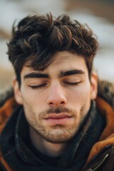 Poster - Close up of a man with his eyes closed, suitable for various concepts and designs