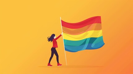 Wall Mural - Minimalistic 2D vector cartoon of an LGBTQ person waving a pride flag, with a simple background Generative AI