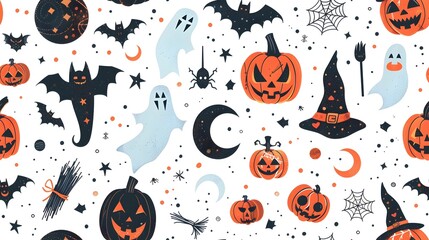 Wall Mural - Halloween Night Witch Flying Past Jack O Lanterns and Bat Under the Crescent Moon