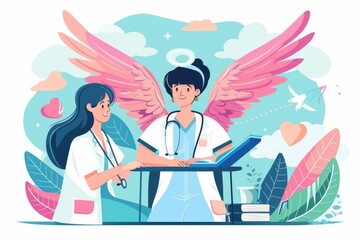 Poster - A couple of people standing in front of a laptop. Suitable for technology and teamwork concepts
