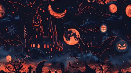 Wall Mural - Halloween Night Witch with Bat Pumpkin Ghost and Full Moon