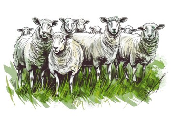 Poster - A herd of sheep standing on a lush green field. Suitable for agricultural and nature concepts