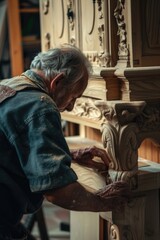 Poster - A man focused on carving wood, suitable for woodworking projects