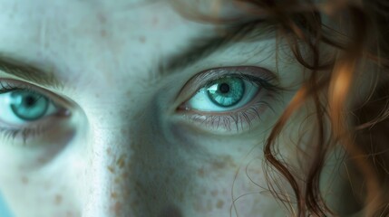 Poster - Close up shot of a woman's eyes with freckles. Perfect for beauty and skincare concepts