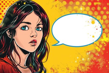 Poster - A woman with a speech bubble above her head, suitable for communication concepts