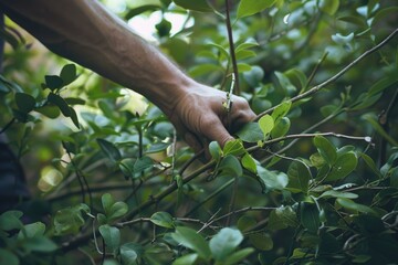 Poster - Person picking a green apple from a tree, suitable for food and agriculture concepts