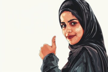 Poster - A woman wearing a black hijab pointing at something. Suitable for diverse cultural and business concepts