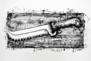 Poster - Detailed drawing of a knife on a piece of wood. Suitable for various design projects