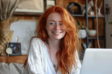 Aufkleber - Woman sitting in front of a laptop, suitable for business or technology concepts