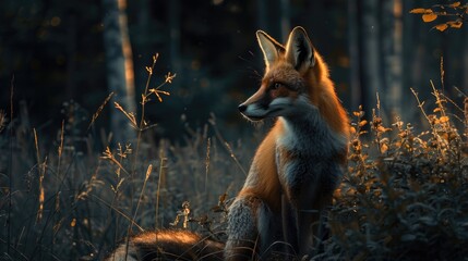 Poster - A fox sitting in the middle of a forest. Suitable for nature and wildlife themes