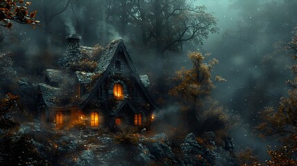 Wall Mural - Halloween Witchs Cottage Nestled in a Dark Forest A Magical Night of Mystery and Spells