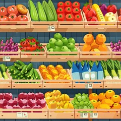 Poster - A variety of fresh fruits and vegetables neatly arranged on shelves. Perfect for grocery store or healthy eating concepts
