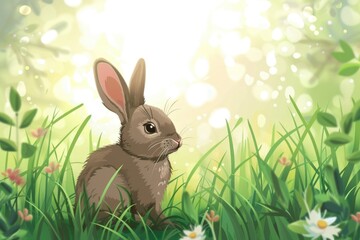 Canvas Print - Cute rabbit sitting in the grass with daisies in the background. Perfect for nature and animal themes