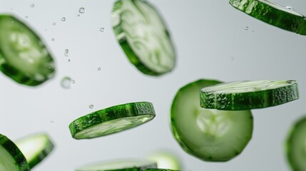Poster - Fresh cucumbers slices floating in clear water. Ideal for healthy lifestyle concepts