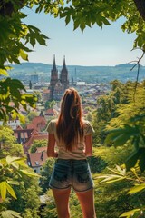 Poster - A woman standing on a beautiful green hillside, perfect for outdoor and nature concepts