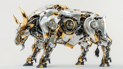 Wall Mural - Golden and silver buffalo robot on white