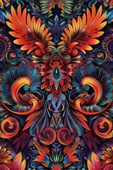 Poster - A vibrant pattern of flowers and leaves on a dark background. Perfect for adding a pop of color to any project