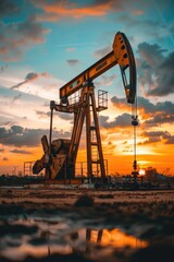 Poster - Oil pump in a field at sunset. Suitable for energy industry concepts