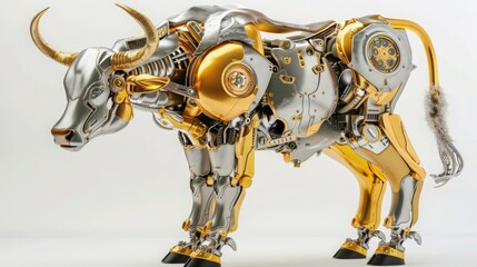 Wall Mural - Golden and silver buffalo robot on white