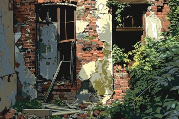 Poster - A painting of a brick building with a broken window. Suitable for urban themes