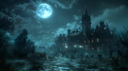 Wall Mural - Haunted Mansion Looms Large on Moonlit Halloween Night