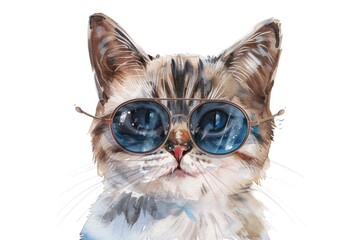 Wall Mural - Colorful watercolor painting of a cat wearing sunglasses. Perfect for pet lovers and animal enthusiasts